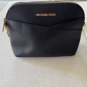 Michael Kors Crossbody Bag Dome Black Leather Gold Chain Adjustable Strap